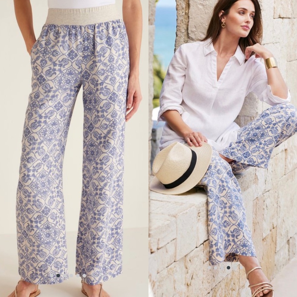 NWT Soft Surroundings Linen Aliso Point Wide Leg Pants Blue Tile Print Size XL